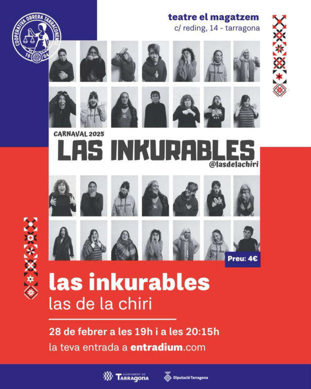 Las Inkurables de @lasdelachiri arriba un cop més al Teatre Magatzem amb una actuació irreverent i esbojarrada plena de sarcasme i humor! 🎤

📅 28 de febrer a les 19h i a les 20.15h
➡️ Preu: 4€

Aconsegueix la teva entrada a l’enllaç del nostre perfil! 🤗