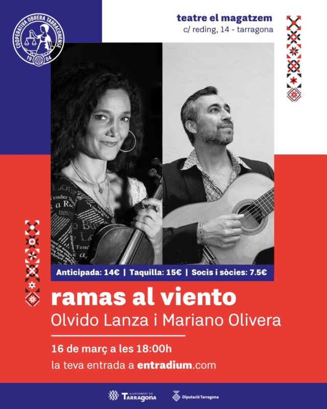 🎻 Ramas al viento arriba al Teatre Magatzem amb un concert únic de la mà d’@olvidolanza al violí i @marianoguitarrista a la guitarra! 🎸

📅 16 de març a les 18h
➡️ Preu: 14€
🏷️ Entrades disponibles a l’enllaç del nostre perfil

Ens espera un viatge musical a vol d’ocell, de copa en copa, per salzes, oliveres, xiprers... No us ho perdeu! 🕊️

#cooperativaobrera #cooperativaobreratarragona #tarragona #tgn #teatremagatzem