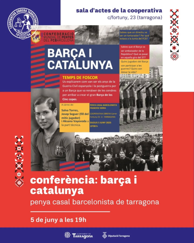 Sabies que el Barça va tenir un paper actiu durant la República i la guerra?

El 5 de juny obrim les portes de la Cooperativa a una proposta ben especial: una mirada al Barça dels anys de guerra i dictadura ⚽

📆 5 de juny a les 19h | 📍 Sala d'Actes de la @cooperativaobrera
Organitzat per la @penyacasaltgn

#cooperativaobrera #cooperativaobreratarraconense #tarragona #tgn