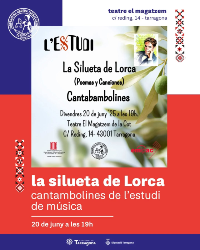 La poesia de Lorca pren vida a Tarragona! El grup Cantabambolines de l'@estudidemusica ens convida a 𝑳𝒂 𝑺𝒊𝒍𝒖𝒆𝒕𝒂 𝒅𝒆 𝑳𝒐𝒓𝒄𝒂: 𝒑𝒐𝒆𝒎𝒆𝒔, 𝒄𝒂𝒏𝒄̧𝒐𝒏𝒔 𝒊 𝒆𝒎𝒐𝒄𝒊𝒐́ 🎤

📅 Divendres 20 de juny a les 19h

📍 Teatre el Magatzem

Entrada lliure fins completar aforament, no hi falteu! 🤗

#cooperativaobrera #cooperativaobreratarraconense #tarragona #tgn #estudidemusica #agendatgn #queferatarragona